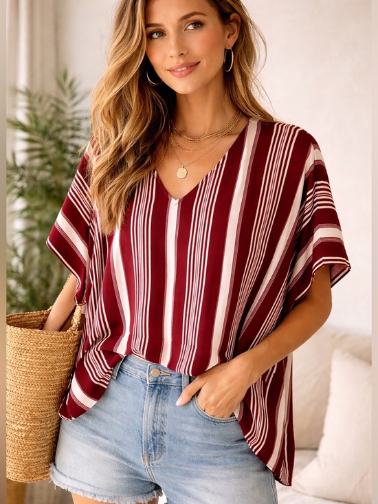 crosby. Tops - Crosby by Mollie Burch Striped V-Neck Blouse Small Red White Oversized Boho EUC